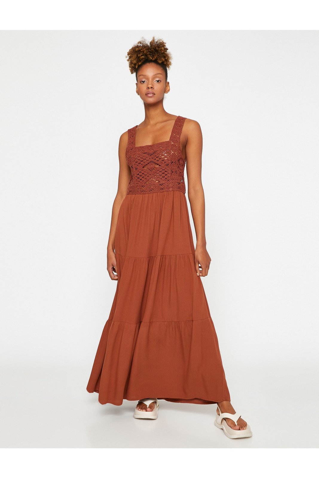 Koton Long Dress with Crochet Detailed Straps, Square Collar