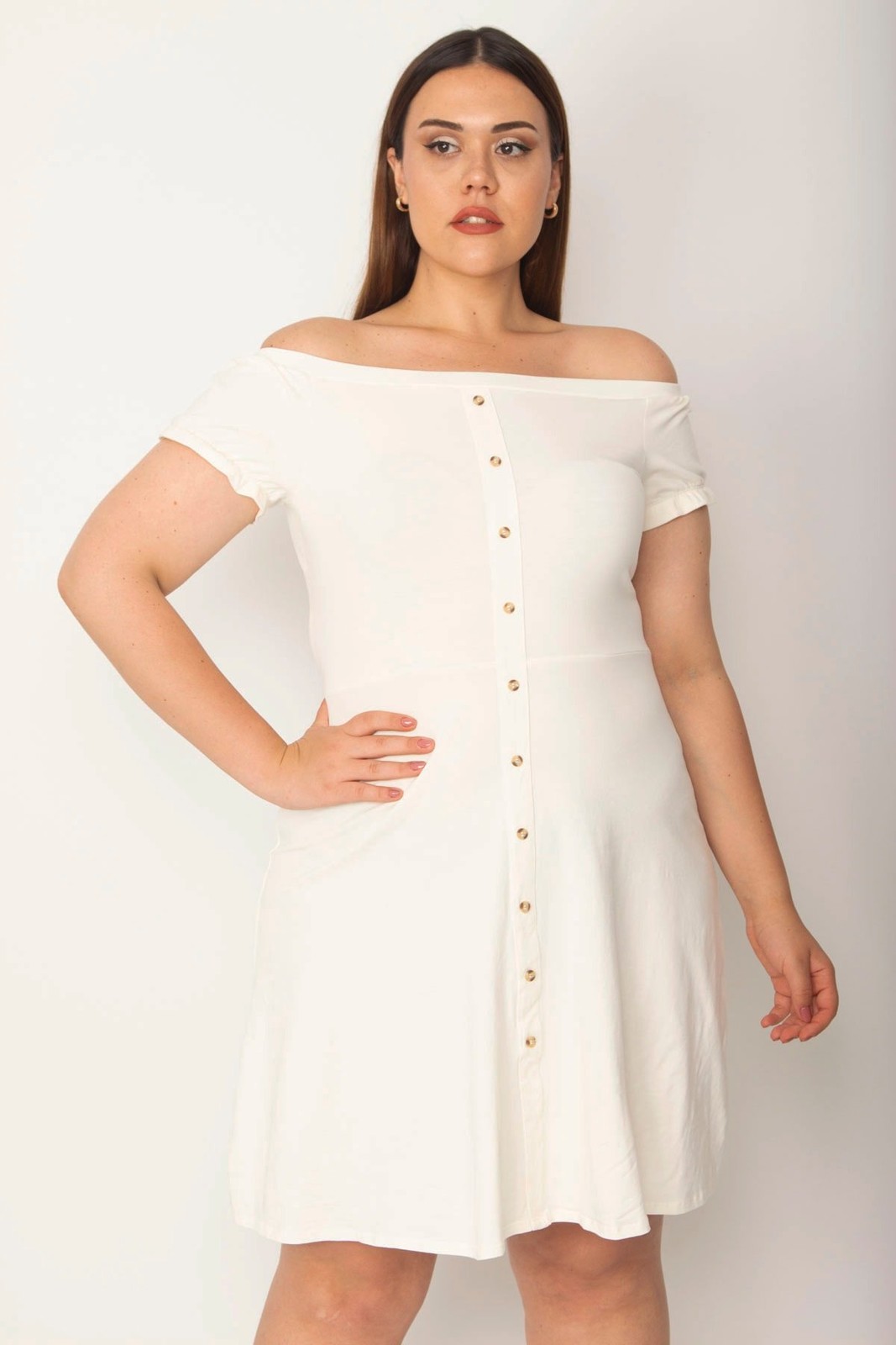 Şans Women's Bone Cotton Fabric Collar And Arm Mouth Elastic Detailed Front Decoration Buttoned Lycra Dress