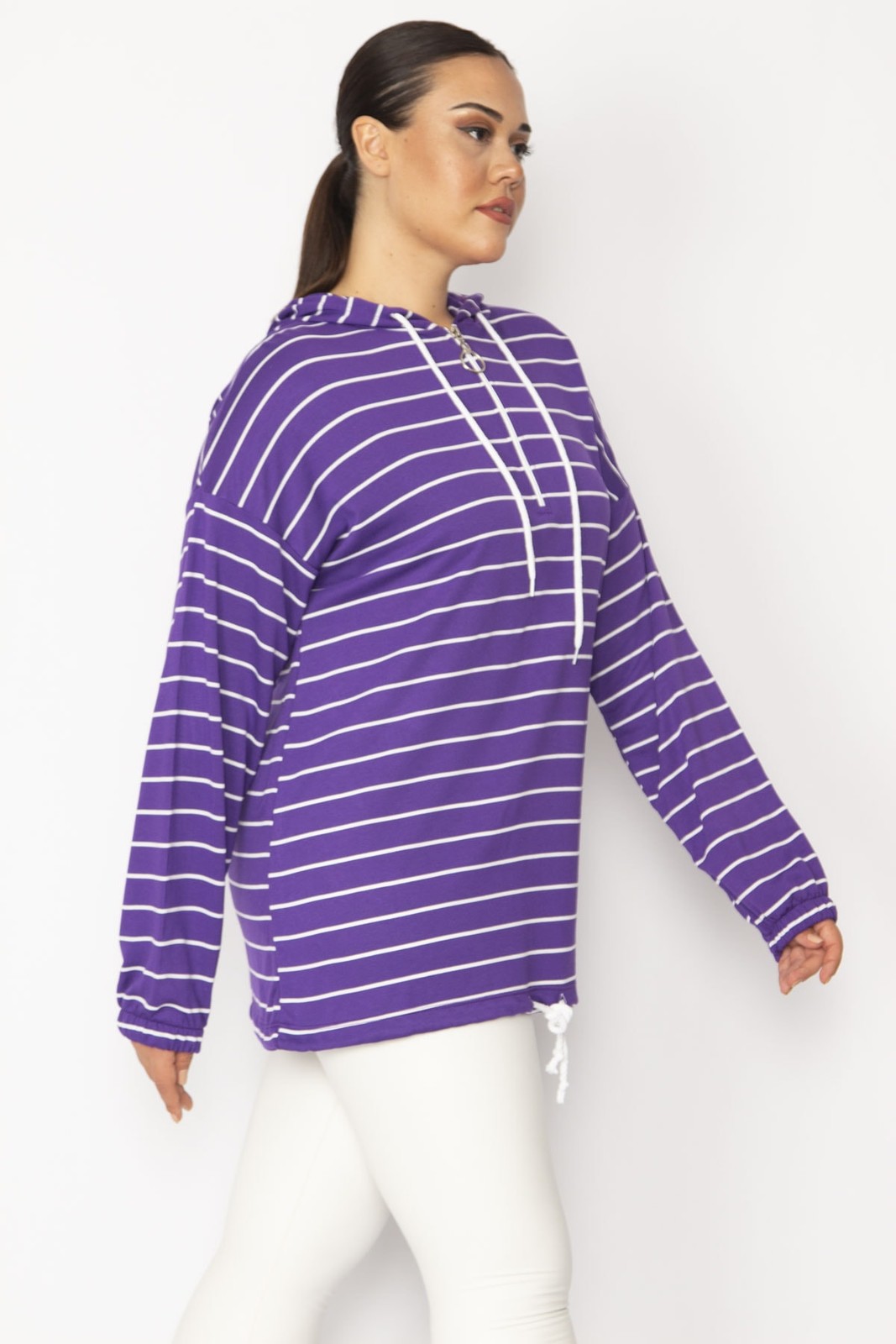 Şans Women's Plus Size Purple Front Pat with Zipper Eyelets and Lace-Up Detail, Hooded Striped Tunic