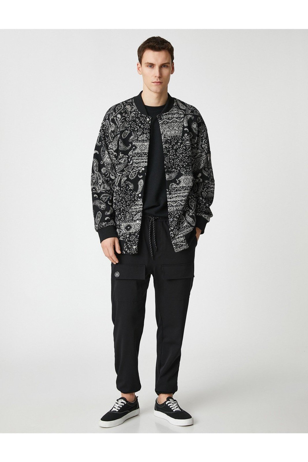 Koton Bomber Jacket with Snap Buttons, Shawl Motif, Zipper Detail