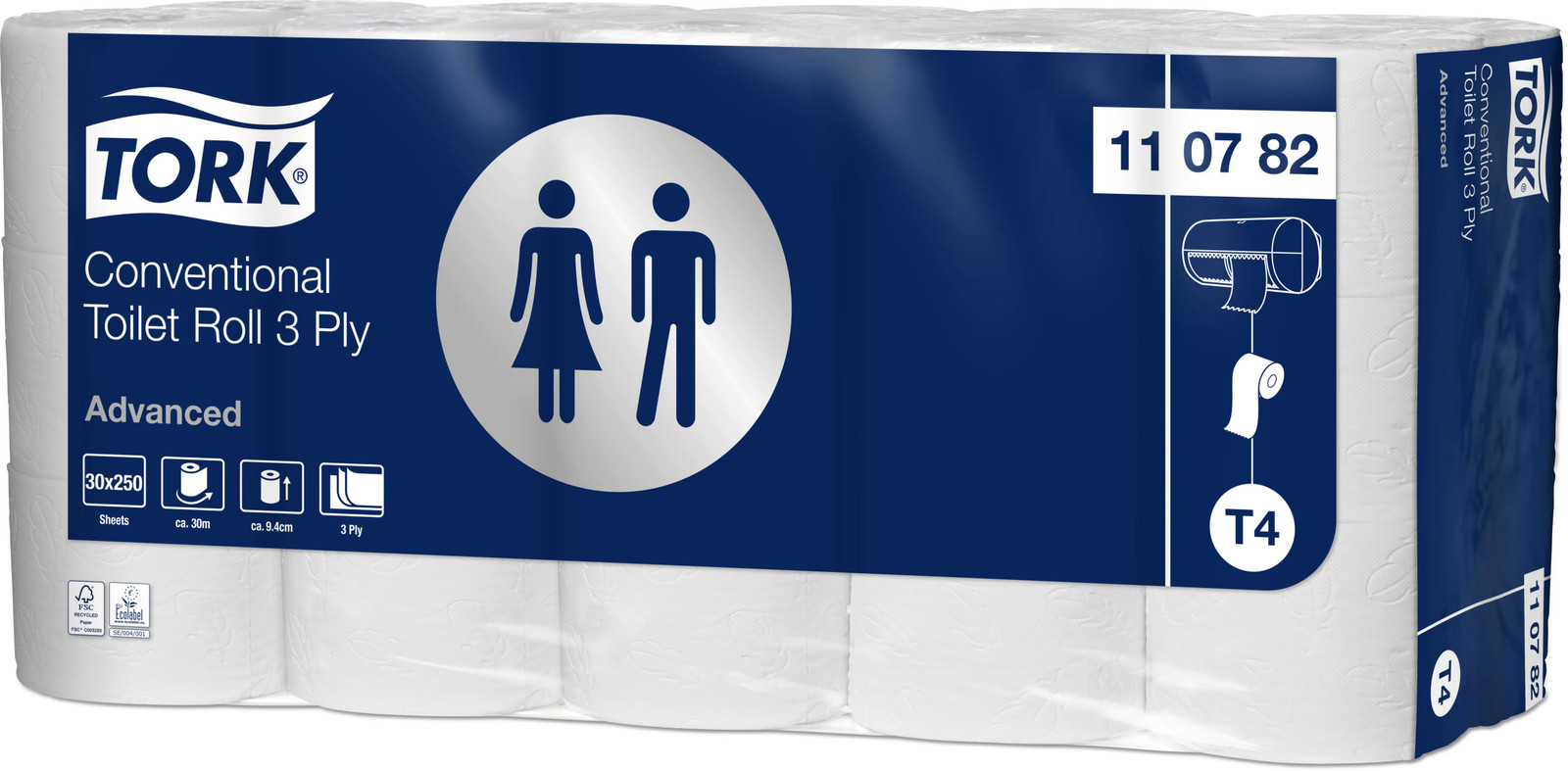 110782 Tork jemný 3-vrstvý toaletní papír konvenční role, 250 út., bílá, 1 x 30 rolí, T4