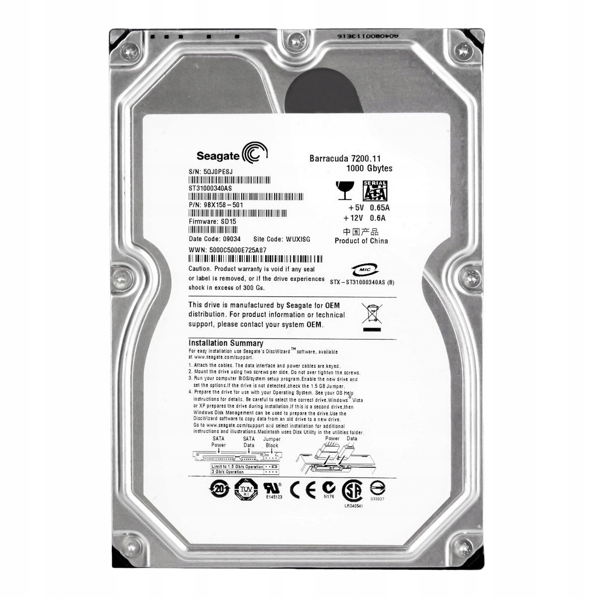 Seagate Barracuda 7200.11 1TB Sata II 7.2K 32MB 3.5'' ST31000340AS