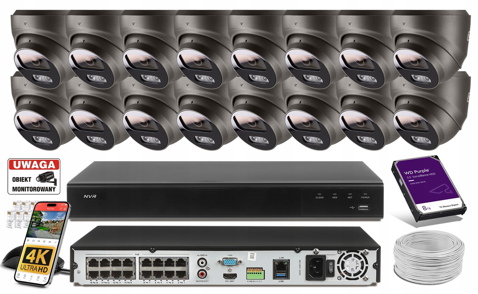 Sada Monitoring 16 Poe kamer 4K Uhd 8Mpx Aplikace, Audio Szare 8TB Disk