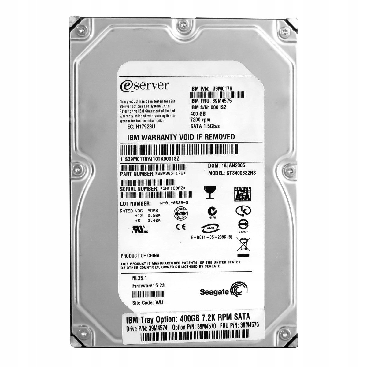 Ibm 39M4575 39M0178 400GB 7.2K 8MB Sata 3.5'' ST3400832NS