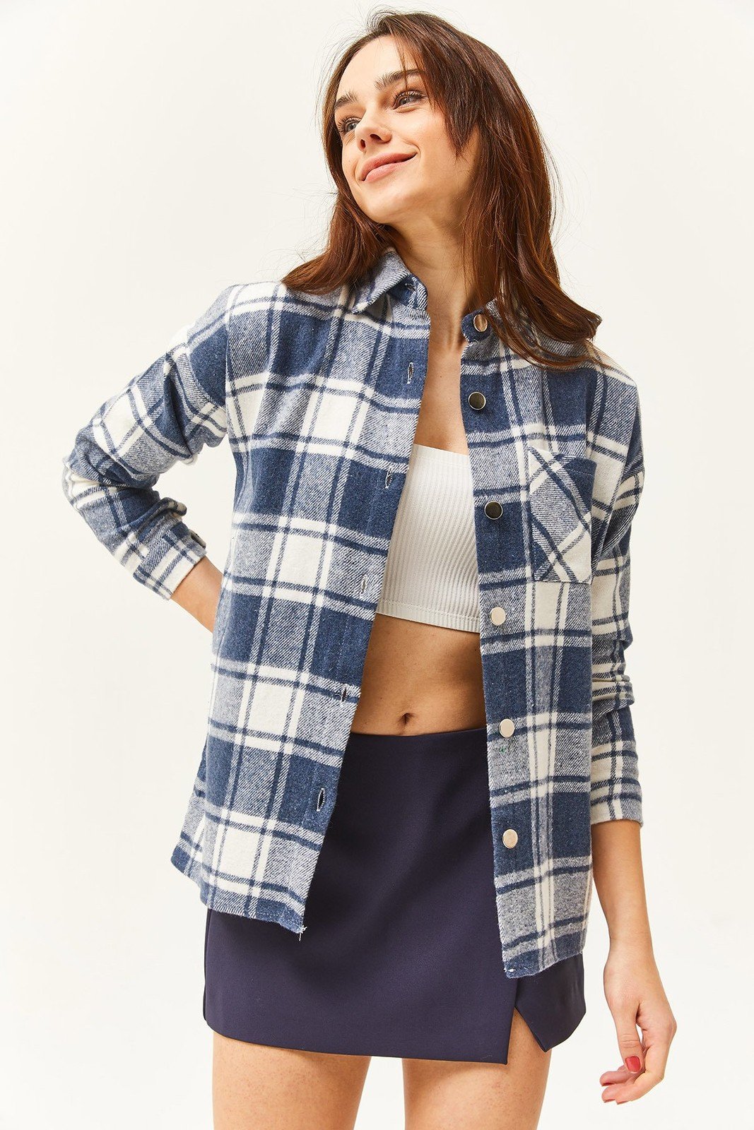 Olalook Women's Ecru Indigo Single Pocket Thick Plaid Lumberjack Shirt