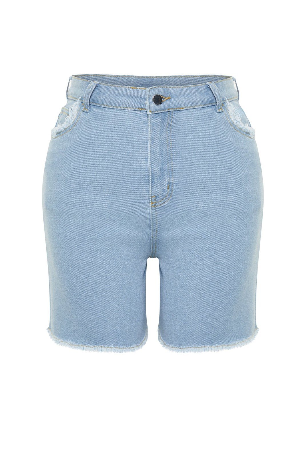 Trendyol Curve Light Blue Pocket and Hem Tassel Detail Mini Denim Shorts
