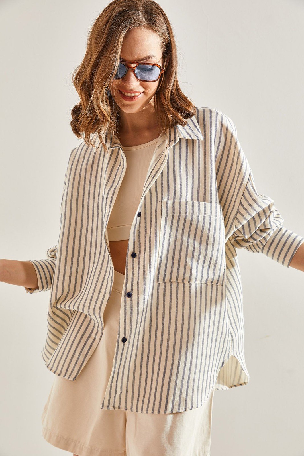 Bianco Lucci Women's Striped Single Pocket Oversize Shirt