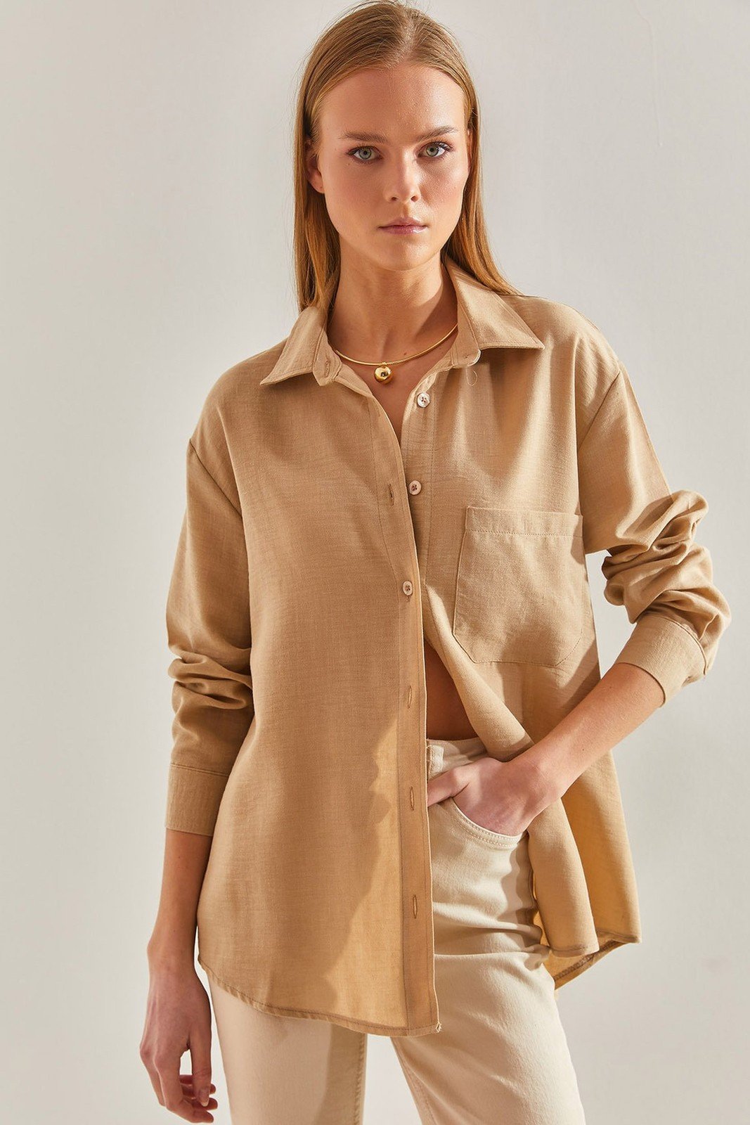 Bianco Lucci Women's Single Pocket Shirt Beige