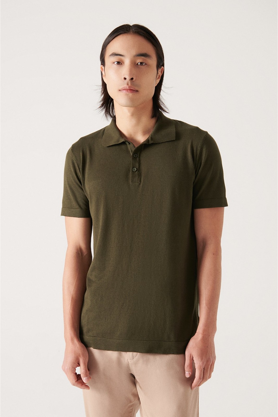 Avva Men's Khaki Cotton Polo Collar Standard Fit Regular Cut Fine Knitwear T-shirt