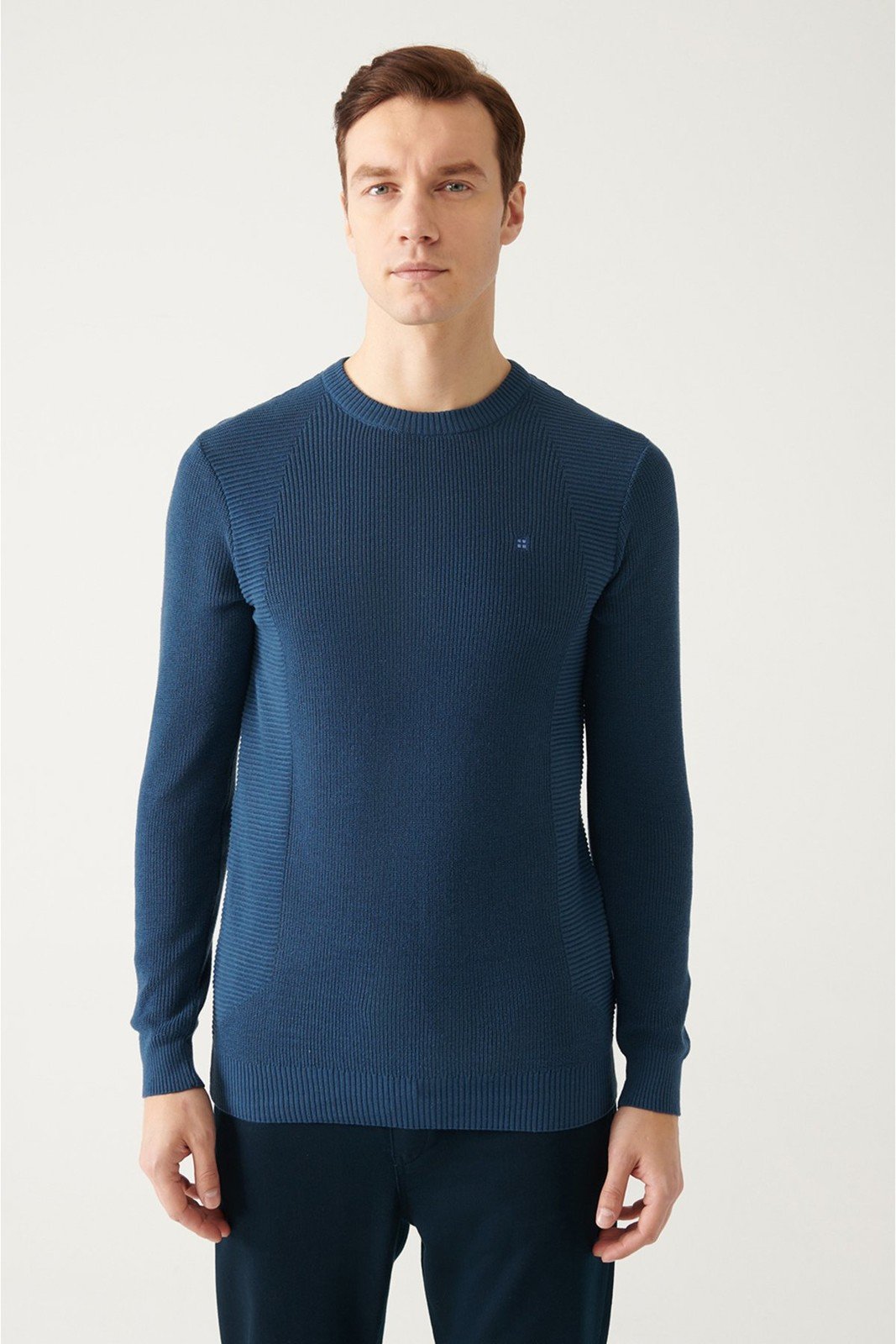 Avva Men's Indigo Crew Neck Jacquard Slim Fit Narrow Cut Knitwear Sweater