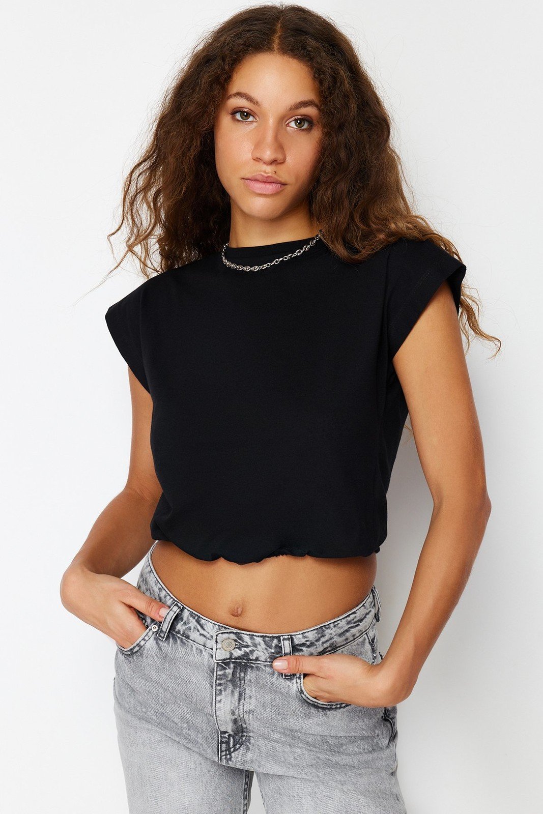 Trendyol Black 100% Cotton Stopper Moon Sleeve Crop Knitted T-Shirt