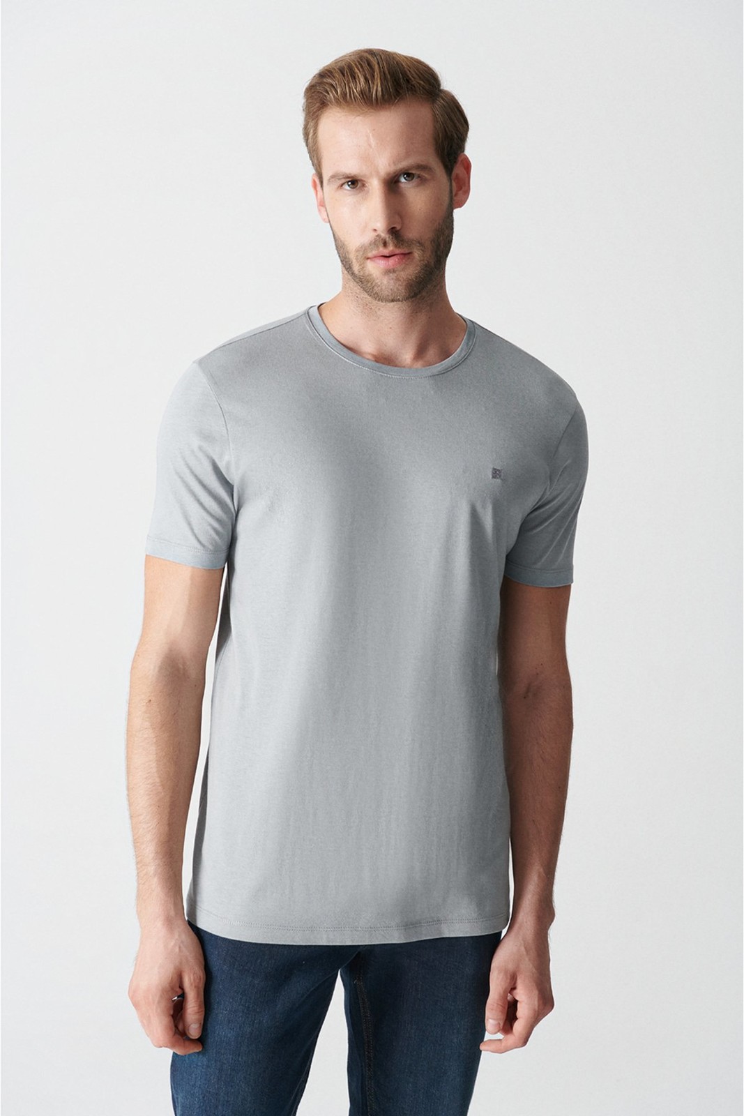 Avva Men's Gray Ultrasoft Crew Neck Cotton Slim Fit Narrow Cut T-shirt