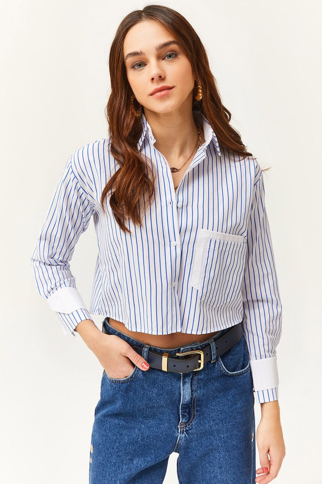 Olalook Women's White Saxe Blue Pocket and Cuff Detail Striped Crop Shirt