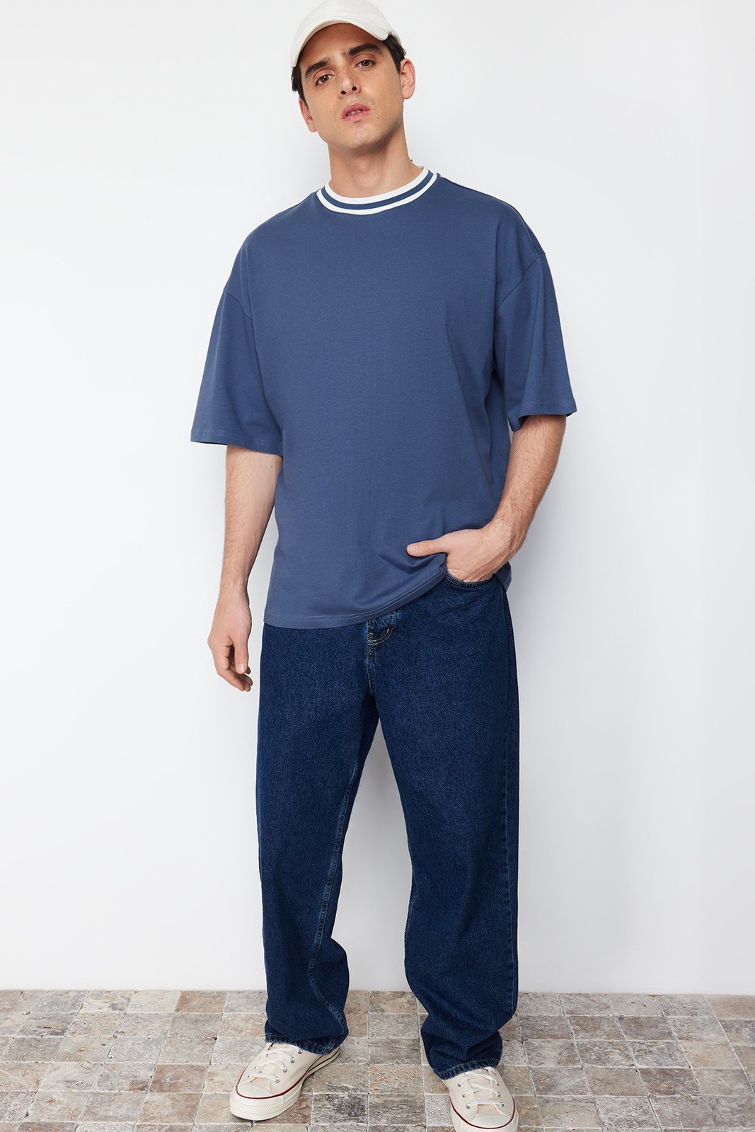 Trendyol Indigo Men's Oversize Collar Detailed Labeled 100% Cotton T-Shirt