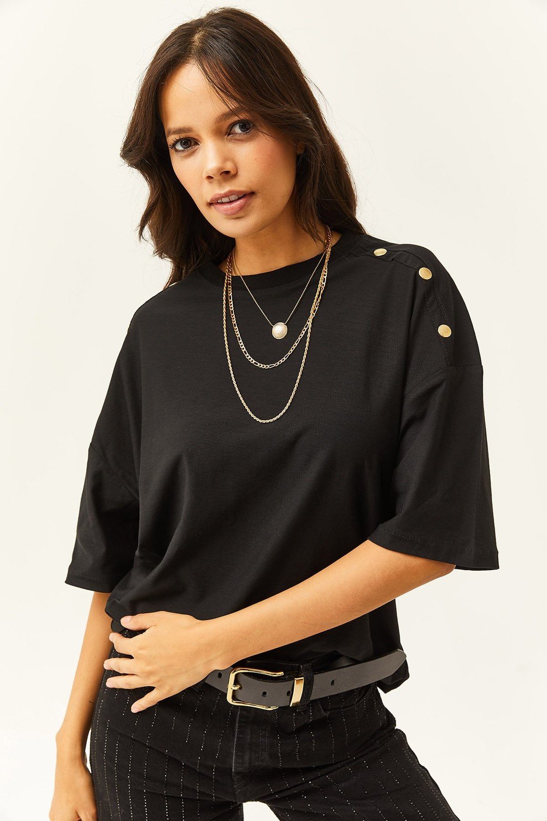 Olalook Women's Black Shoulder Gold Buttoned Cotton T-Shirt