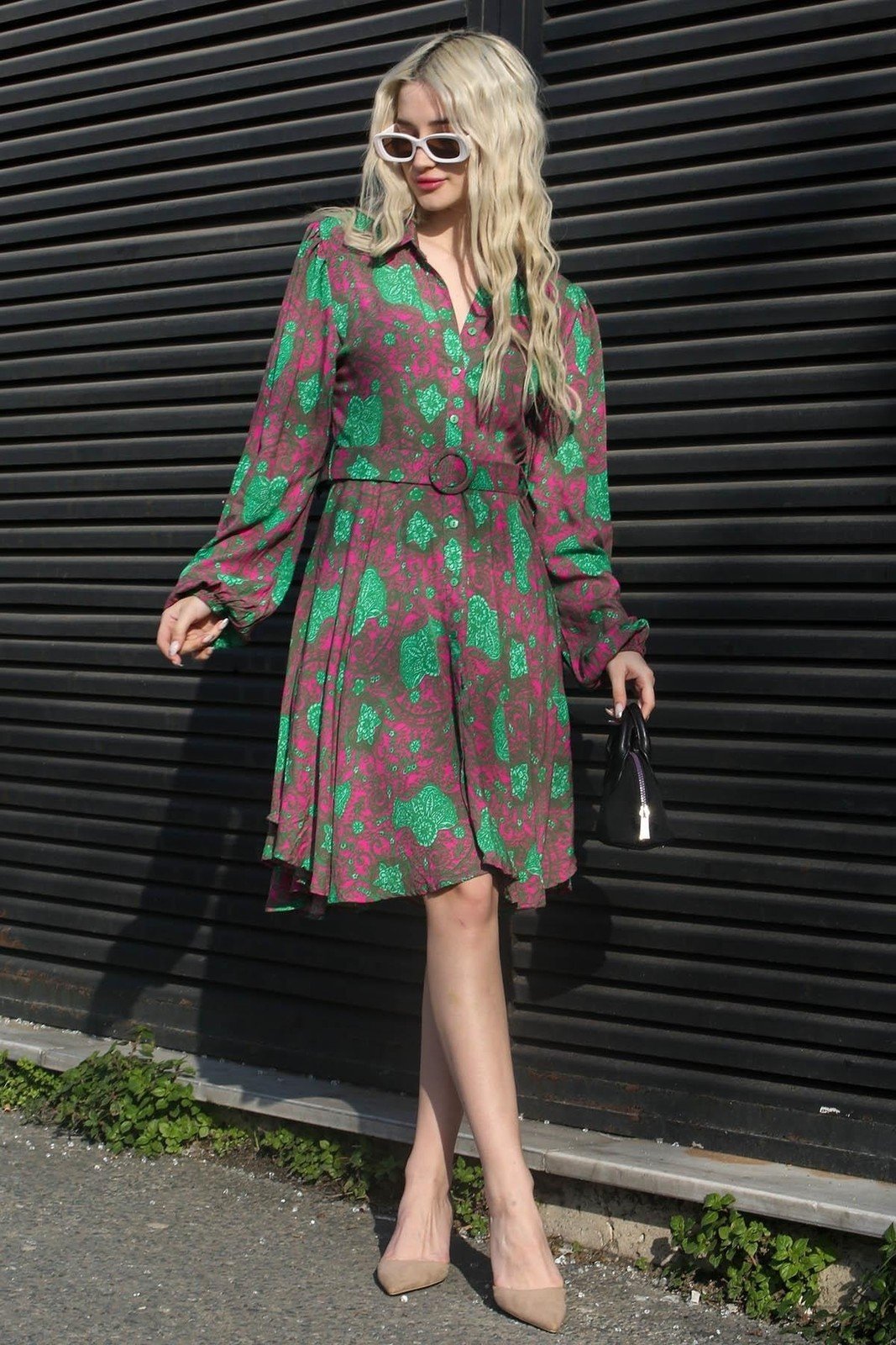 Madmext Green Floral Patterned Shirt Collar Mini Dress