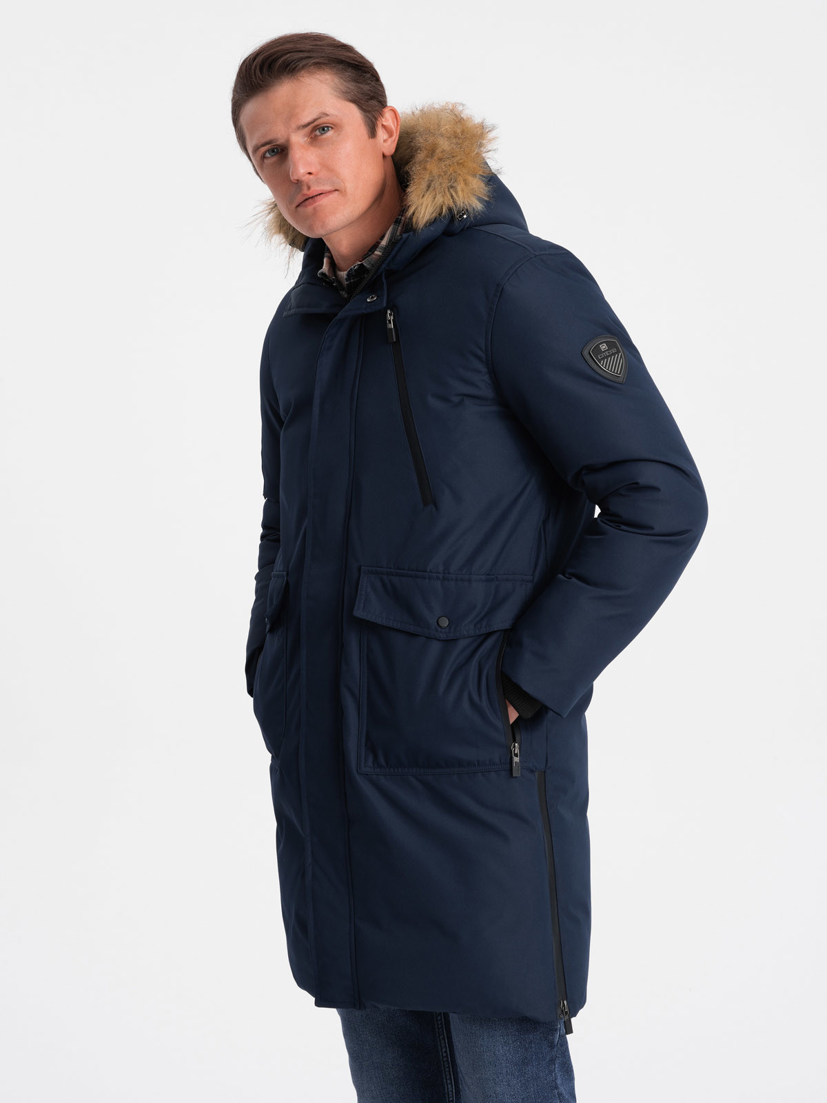 Pánská zimní bunda Alaskan s odnímatelnou kožešinou z kapuce - tmavě modrá V1 OM-JALJ-0148