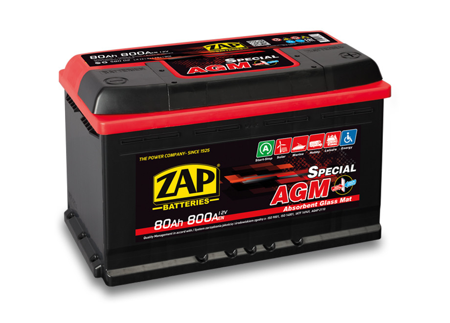 Autobaterie ZAP Special AGM 80Ah 12V 800A (314X175X190) P+