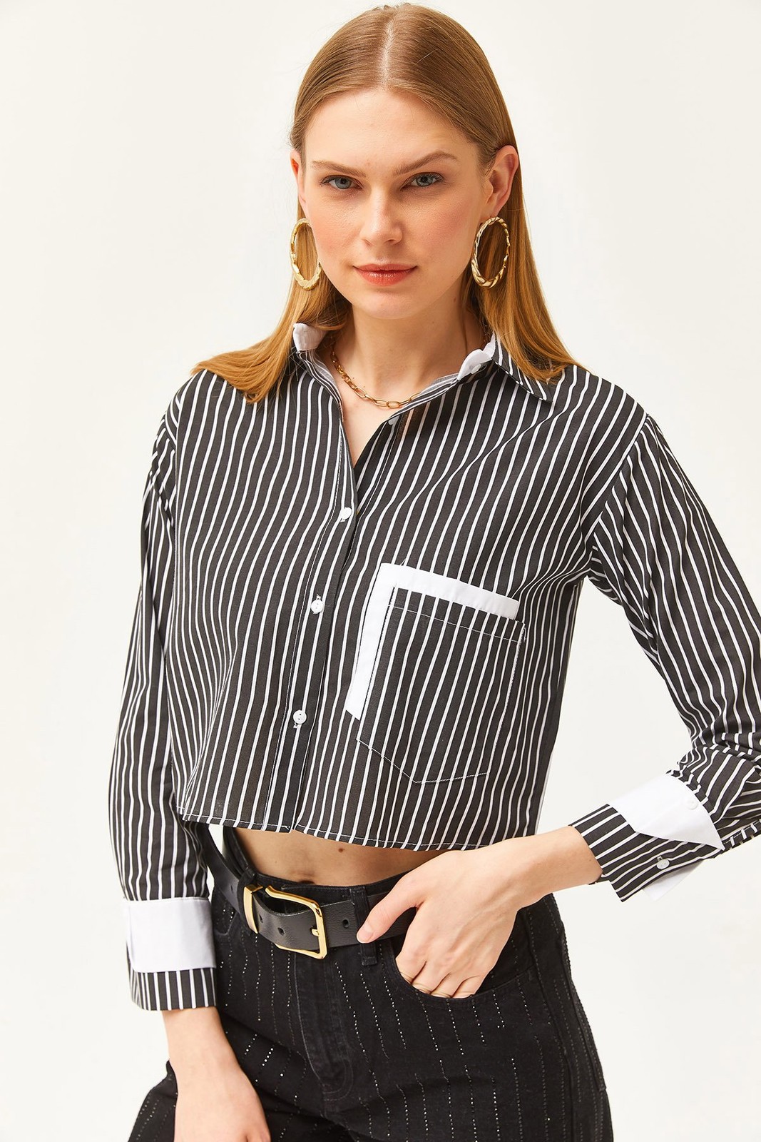 Olalook Women's Black and White Pocket and Cuff Detail Striped Crop Shirt