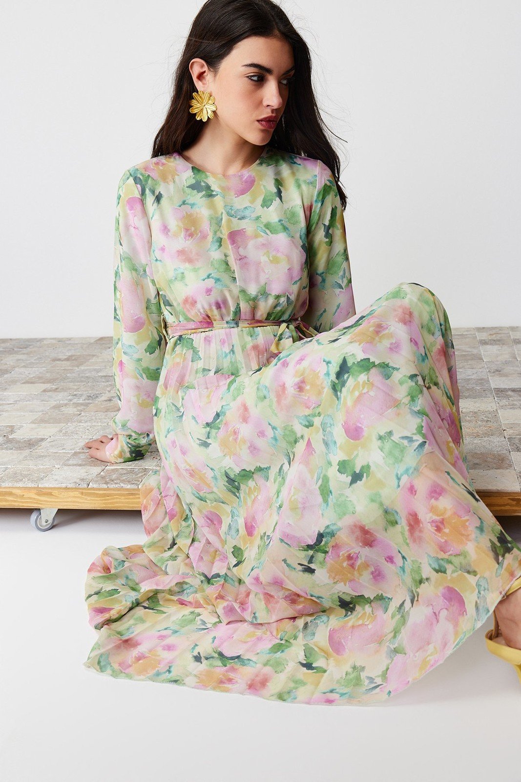 Trendyol Light Green Floral Sash Detailed Lined Chiffon Woven Dress