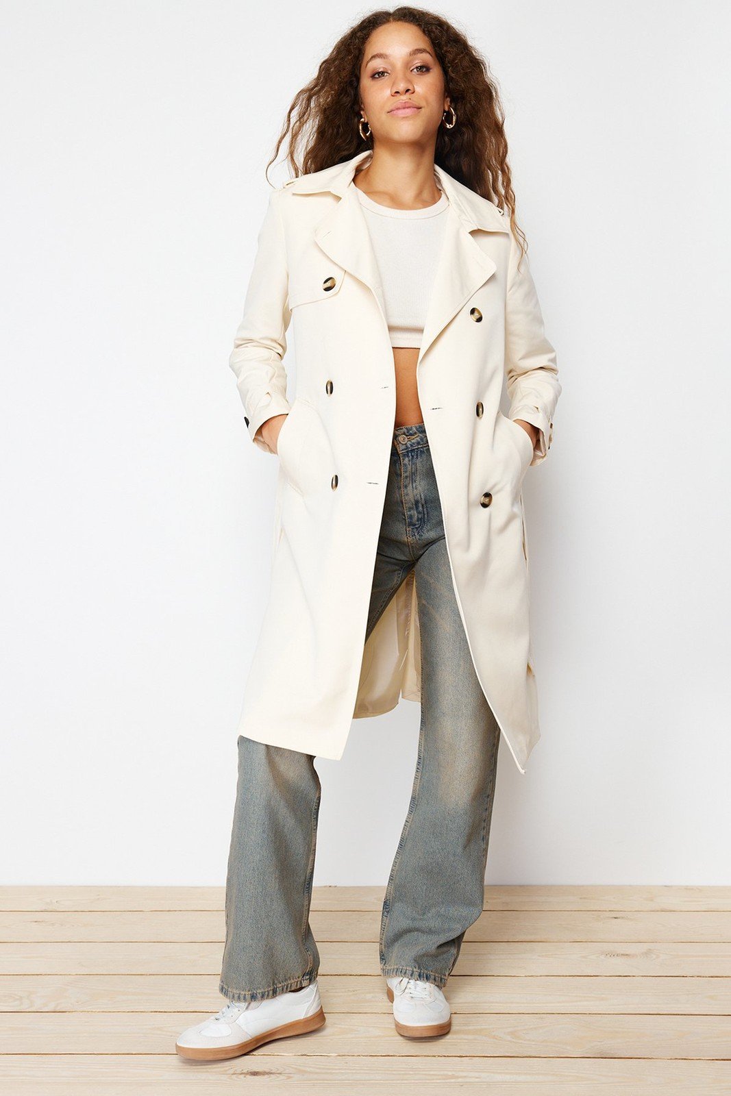 Trendyol Stone Regular Belted Midi Trench Coat