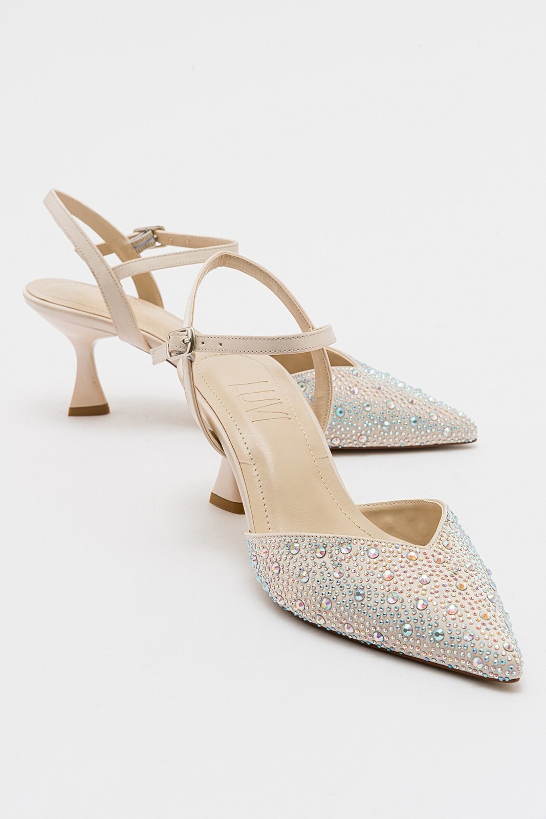 LuviShoes VİLKA Ecru Women's Satin Stone Pointed Toe Thin Heeled Evening Shoes