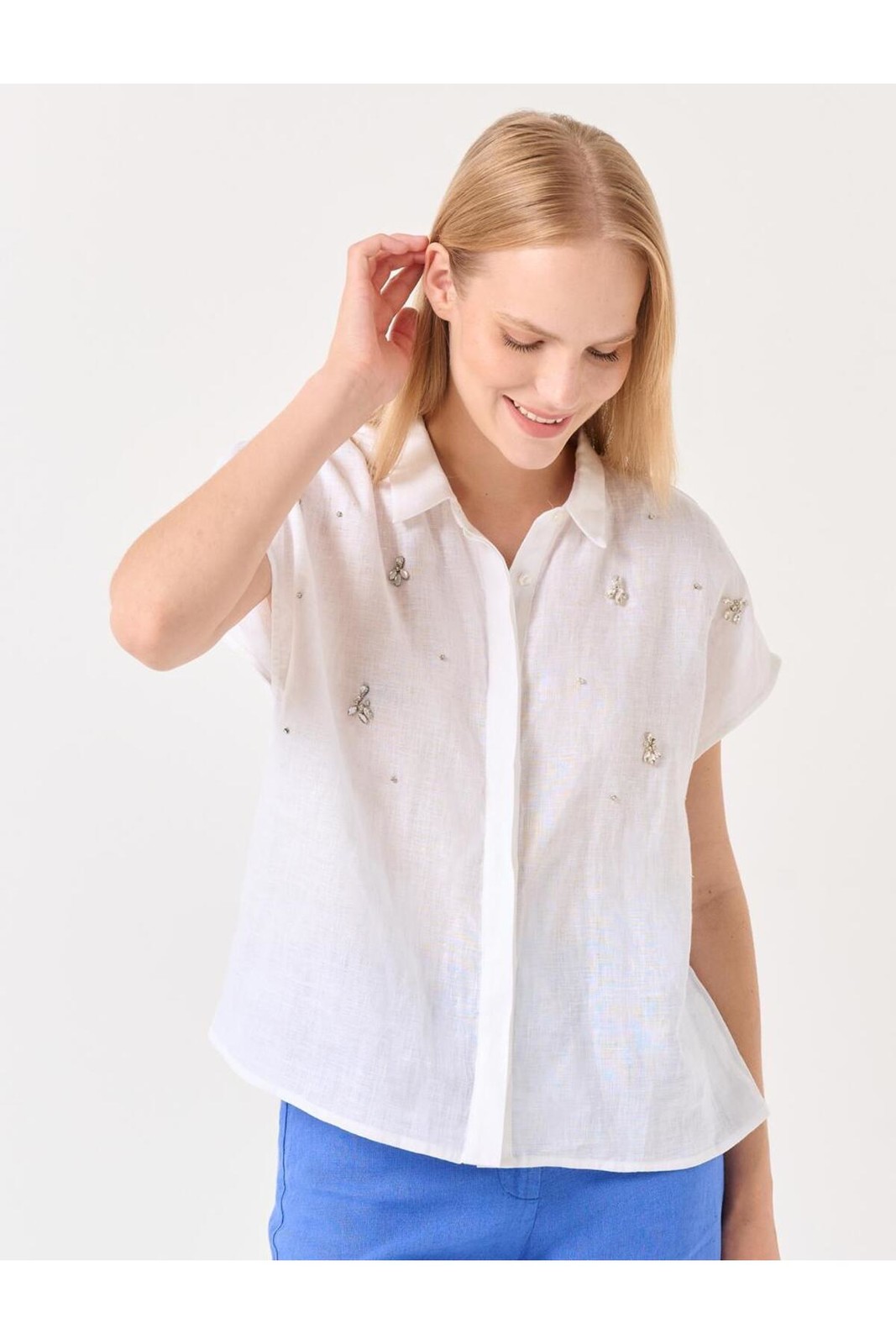 Jimmy Key White Sleeveless Embroidered Linen Shirt
