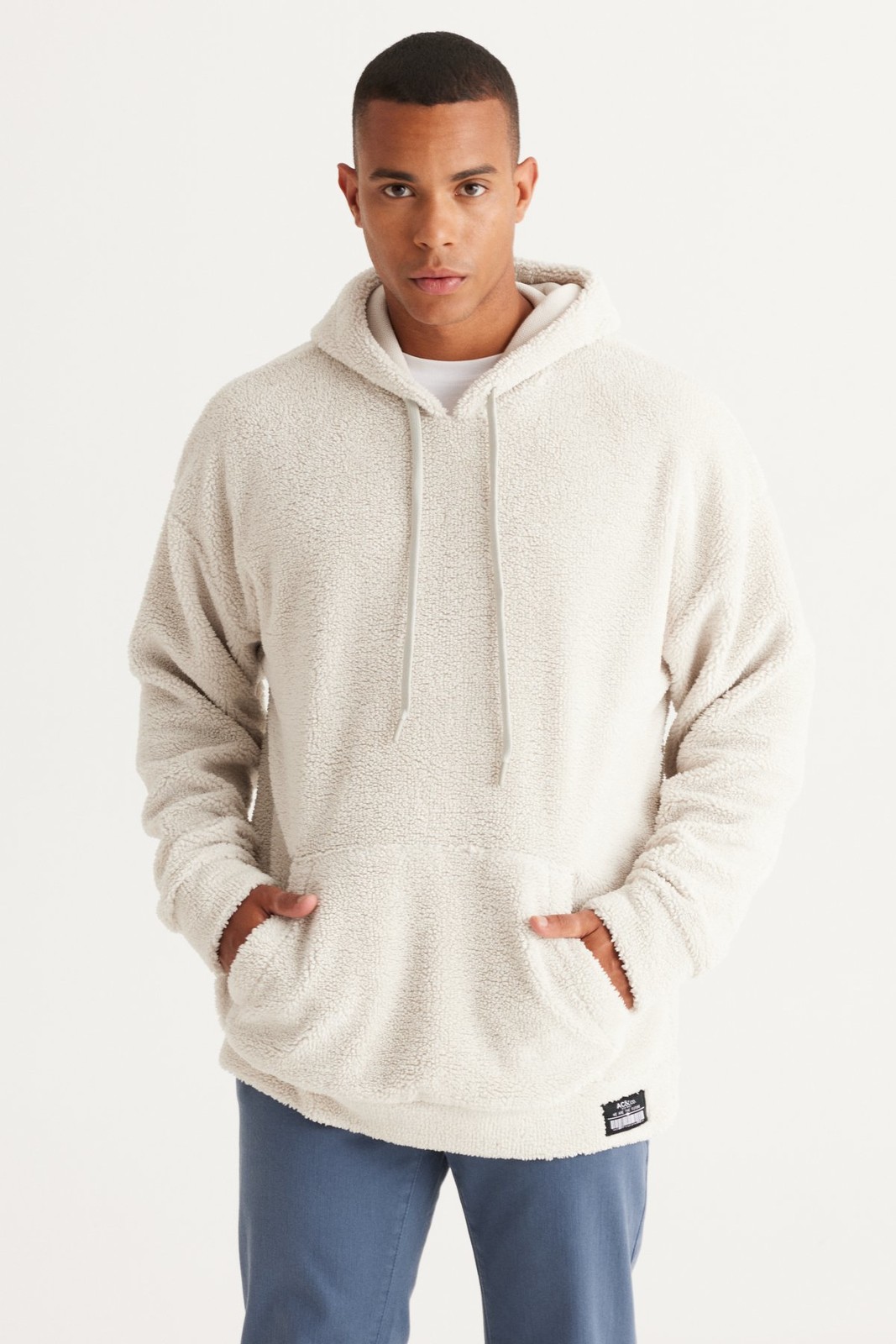 AC&Co / Altınyıldız Classics Men's Beige Oversize Wide-Fit Hooded Sherpa Sweatshirt Fleece