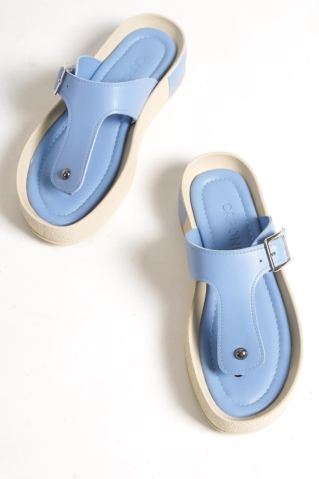 Capone Outfitters Capone Flip Flops with Side Belt Buckle Colorful Detailed Wedge Heel Denim Blue Women's Slippers