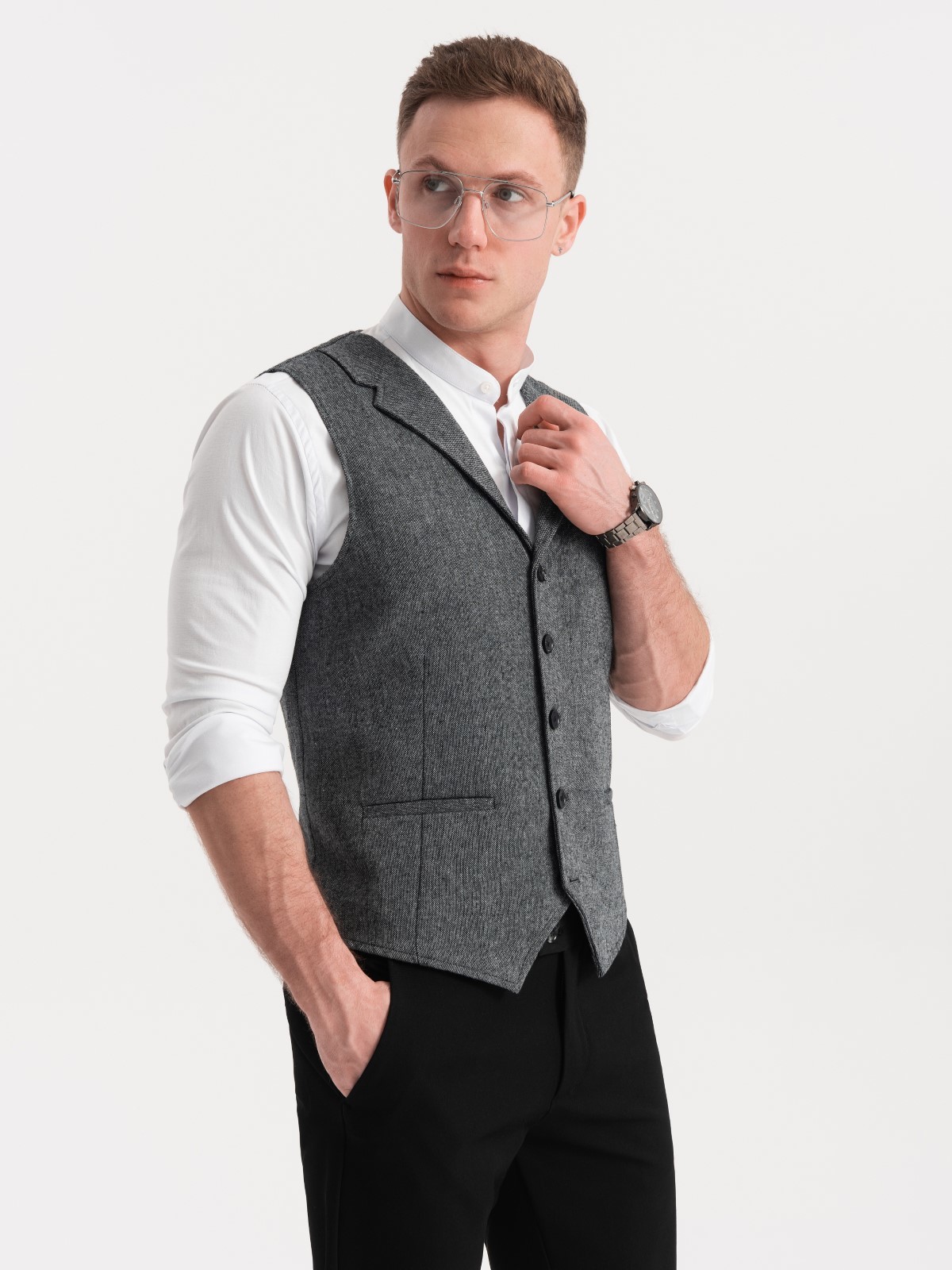 Pánská obleková vesta s límcem - grafitová V1 OM-BLZV-0105