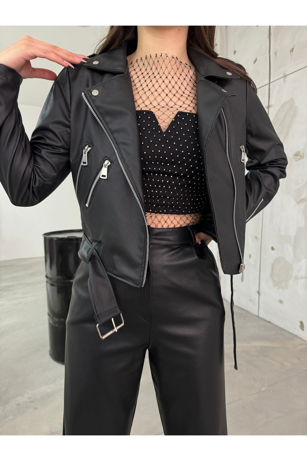 BİKELİFE Women's Black Belted Leather Jacket