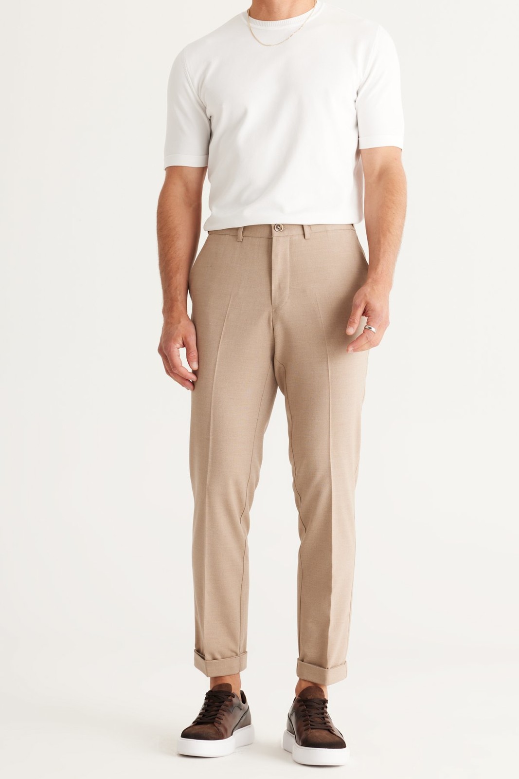 ALTINYILDIZ CLASSICS Men's Beige Slim Fit Slim Fit Elastic Waist Flexible Classic Fabric Trousers