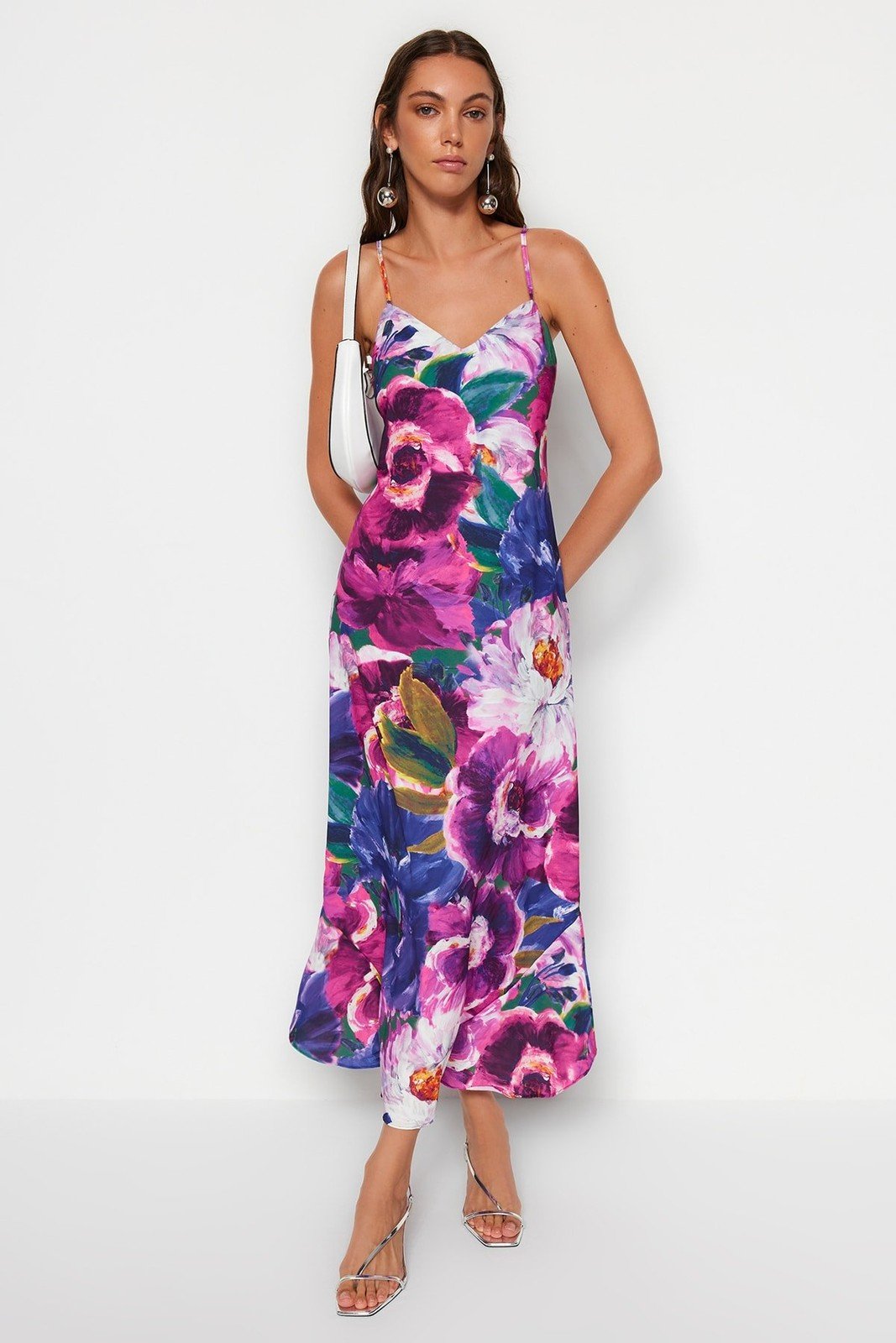 Trendyol Multicolored Strappy Floral Midi Textured Woven Dress