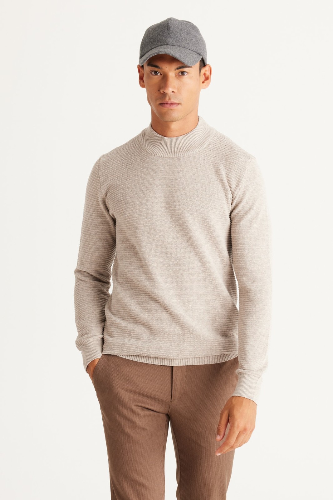 AC&Co / Altınyıldız Classics Men's Beige Melange Recycle Standard Fit Half Turtleneck Cotton Patterned Knitwear Sweater