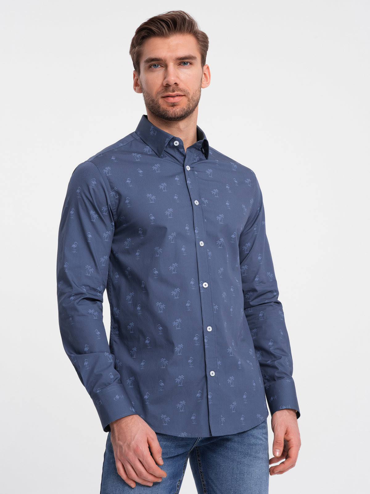Klasická pánská bavlněná košile SLIM FIT s palmami - tmavě modrá V5 OM-SHCS-0156