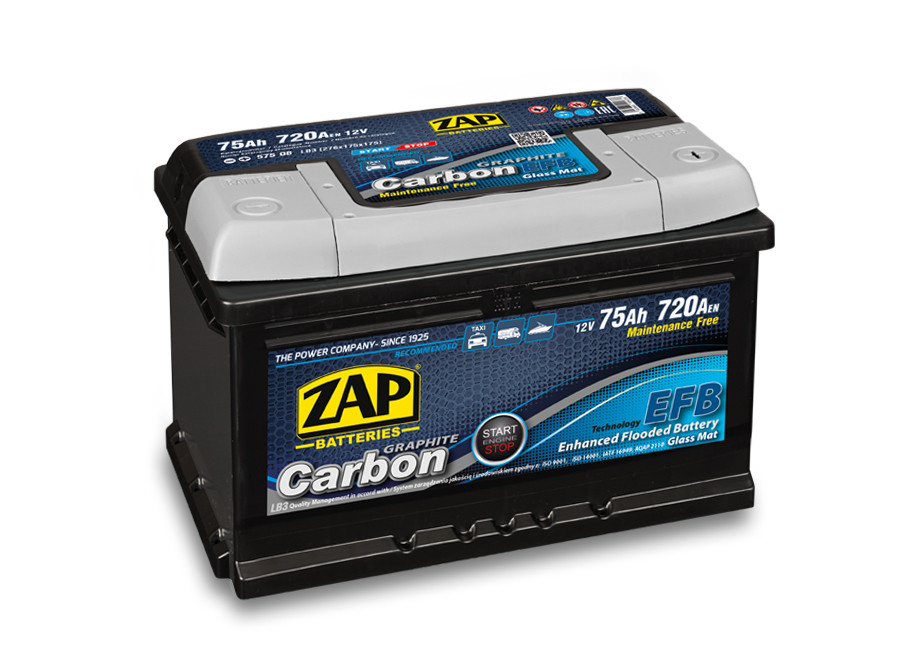Autobaterie ZAP Carbon EFB 75Ah 12V 720A (276X175X175) P+