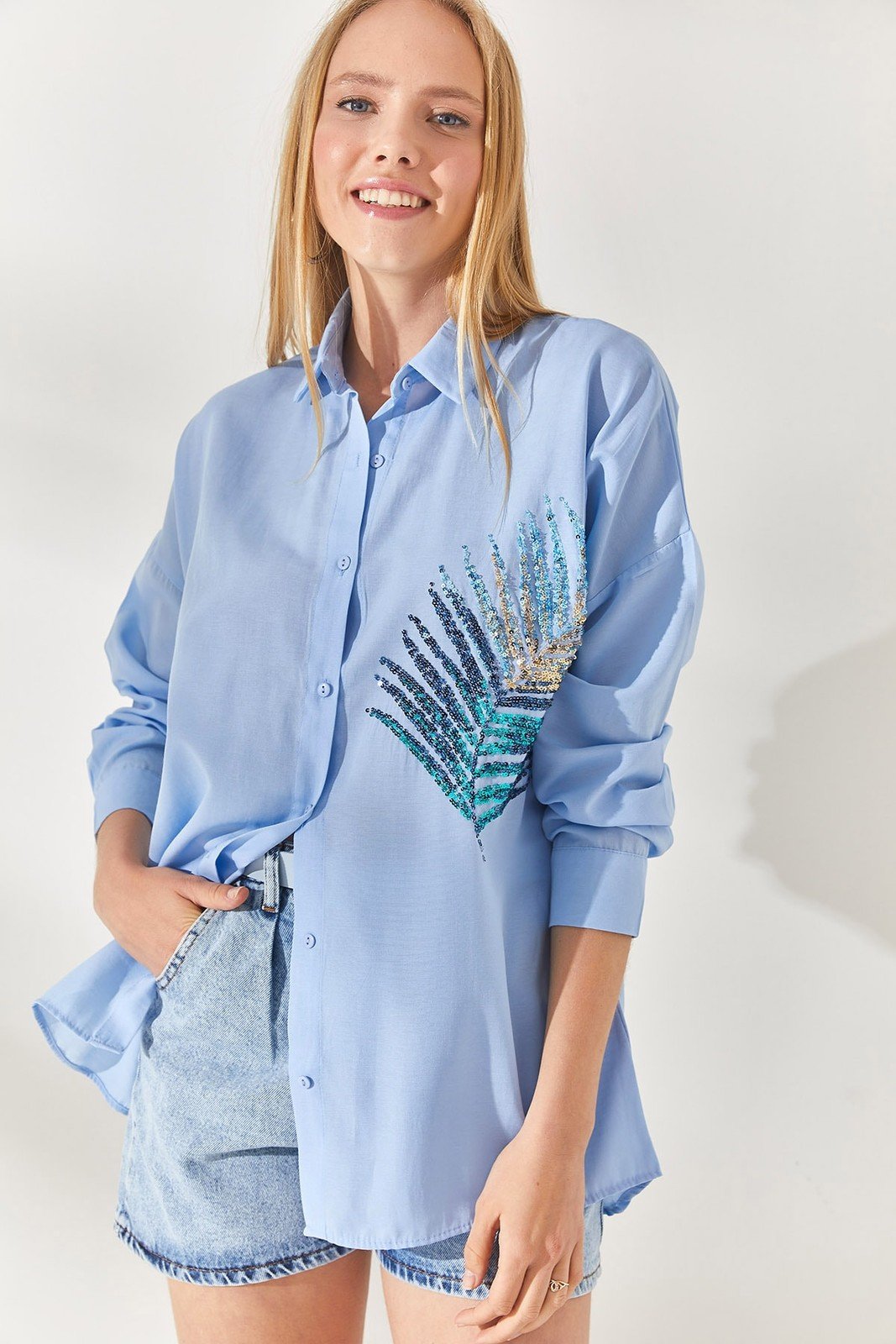 Olalook Baby Blue Palm Sequin Detailed Oversize Woven Poplin Shirt