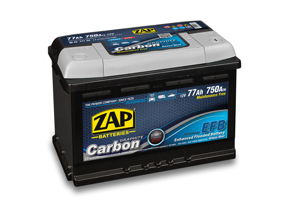 Autobaterie ZAP Carbon EFB 77Ah 12V 750A (276X175X190) P+