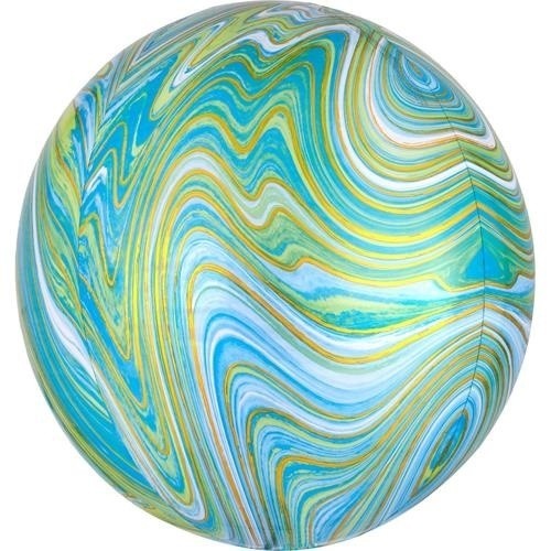 Foliový balonek koule Orbz mramorový 40 cm modro-zelený