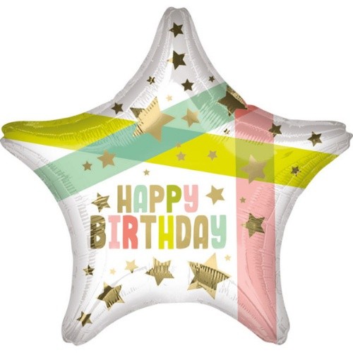 Foliový balonek hvězda - Happy Birthday s hvězdičkami 50 cm