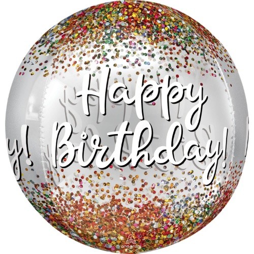 Foliový balonek koule Orbz konfetový Happy Birthday 40 cm