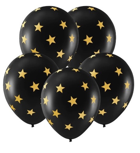 Černé balonky s potiskem zlaté hvězdy - 30 cm, 5 ks
