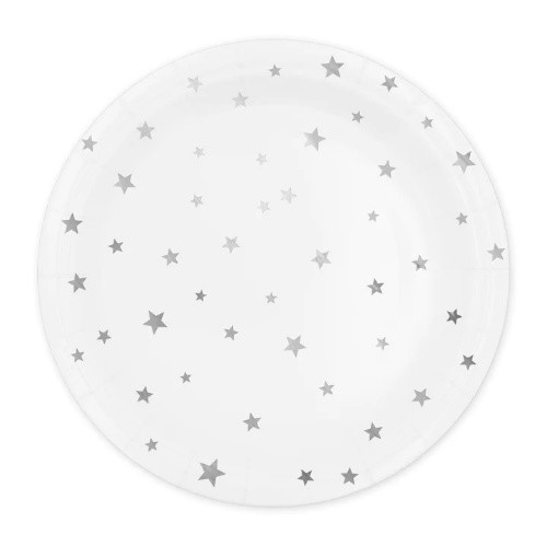 EKO Papírové talíře bílé se stříbrnými hvězdičkami 18 cm - 6 ks