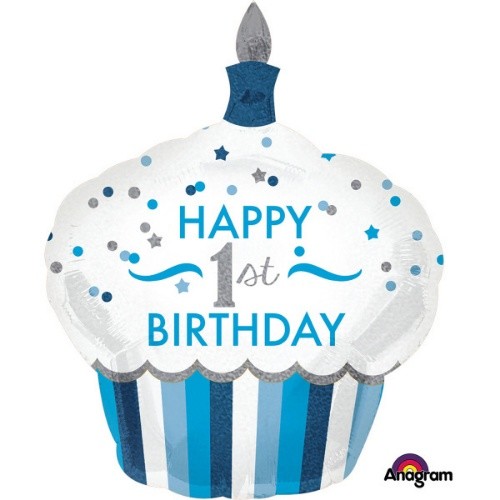 Foliový balonek holografický modrý cupcake - Happy  1st Birthday, 73 x 91cm