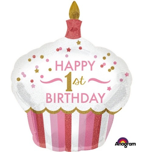 Foliový balonek holografický růžový cupcake - Happy  1st Birthday, 73 x 91cm