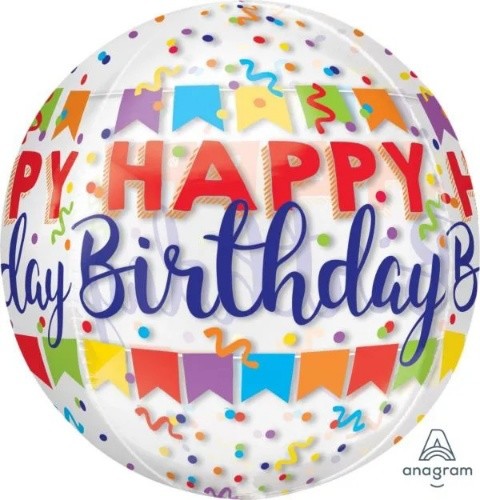 Foliový balonek koule Orbz průhledná Happy Birthday 40 cm