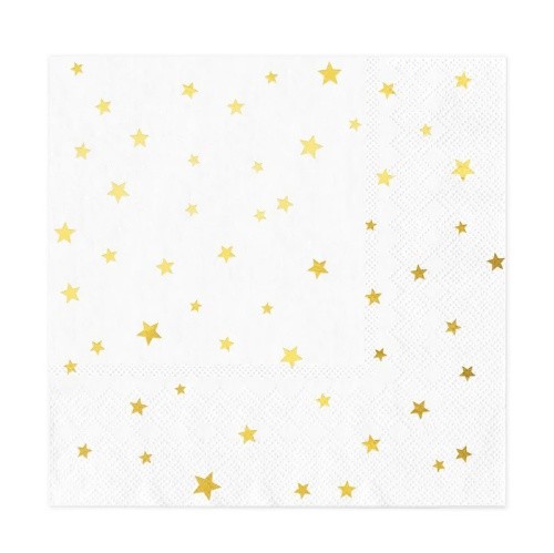 Papírové ubrousky bílé se zlatými hvězdičkami, 10 ks - 33 cm x 33 cm