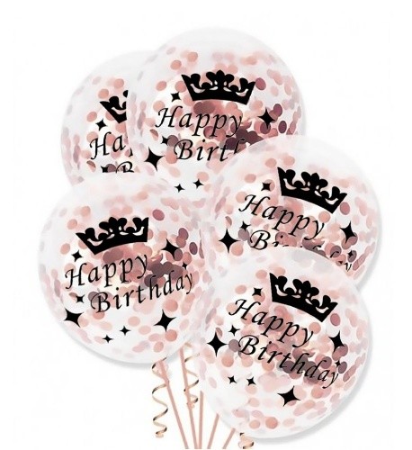 Průhledné balonky Happy Birthday s rose gold konfetami - 30 cm, 5 ks