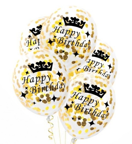 Průhledné balonky Happy Birthday s zlatými konfetami - 30 cm, 5 ks