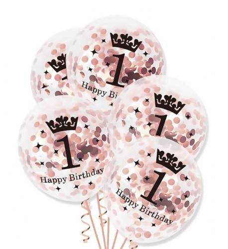 Průhledné balonky První narozeniny s RoseGold konfetami - 30 cm, 5 ks
